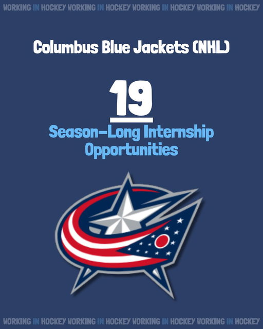 The @BlueJacketsNHL have 19 season-long internship opportunities available now!

From broadcasting to journalism to public relations to corporate partnerships, they’ve got something for everyone! Check it all out below 👇

https://www.teamworkonline.com/hockey-jobs/hockeyjobs/columbus-blue-jackets?employment_opportunity_search%5Bplace_name%5D=&amp 