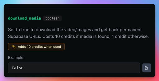 Gotten asked this a bunch, finally shipped it

TikTok/Instagram media URLs expire… so you had to download them yourself

Not anymore

download_media=true → we download + host it for you

Permanent links. Saves a ton of time 