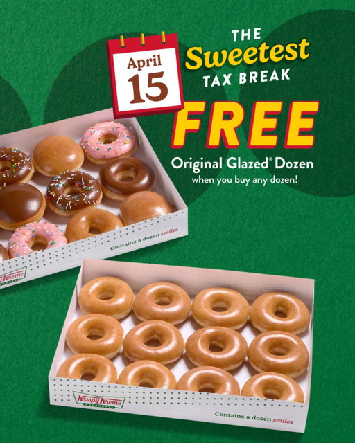Celebrate Tax Day TODAY! 🍩💸

FREE Original Glazed dozen when you buy any dozen Wednesday, 4/15! 