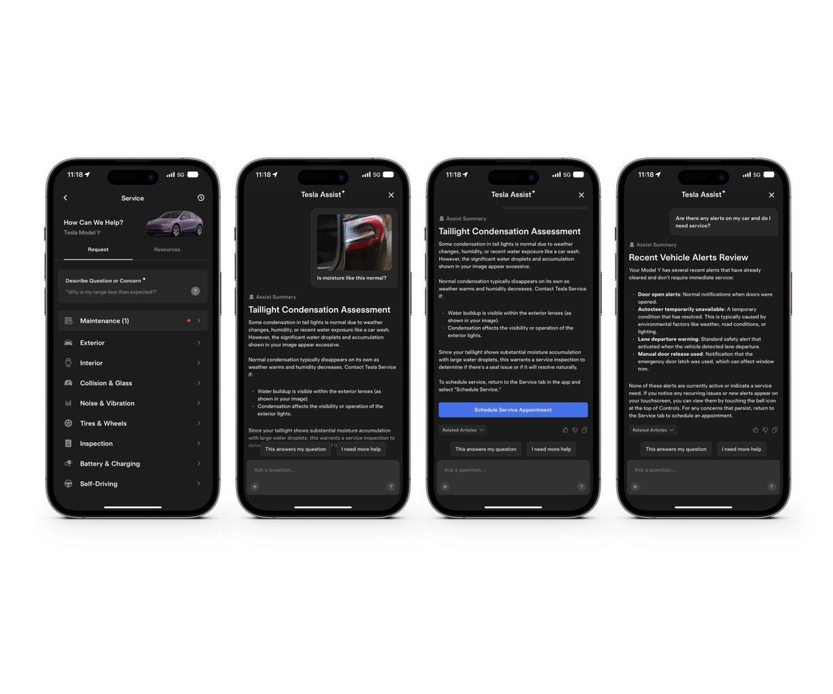 Tesla Assist gives you answers customized to your vehicle

Upload an image, ask about your car, or get help with any service needs

Tesla app > Service > Describe Question or Concern 