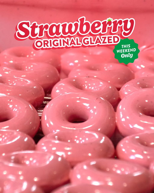 Strawberry Original Glazed is HERE only for the weekend! 🍓

Get a dozen for $5 when you buy any dozen now thru 4/19. 

Send this to your bestie to schedule a doughnut date 🍩✨ 