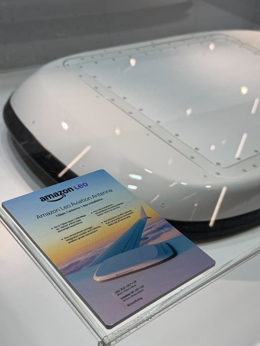 A closer look at the @Amazonleo Aviation Antenna we announced earlier this week. Up to 1 Gbps down, 400 Mbps up. Simple install, powerful connectivity from gate to gate. So cool to see the team’s work take shape. 