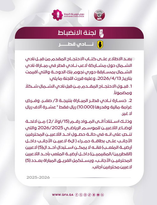 🚨| قرار #لجنة_الانضباط لـ #دوري_نجوم_بنك_الدوحة : 