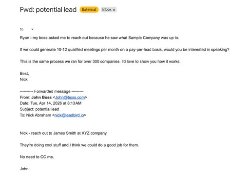 The fake "boss forward" is the most overplayed cold email tactic and it's not even close. 