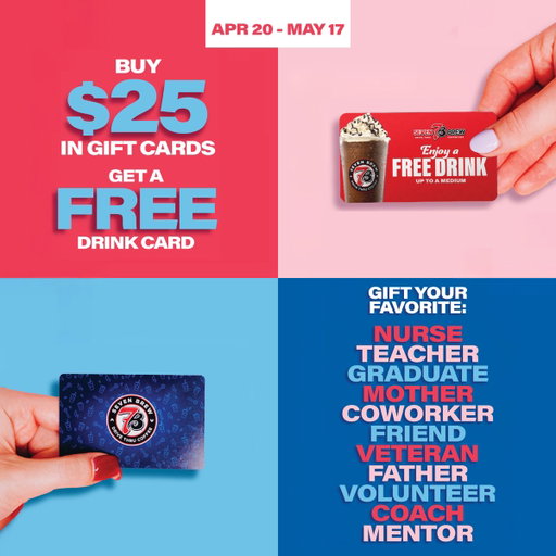 Kindness is in full bloom 🌷 From 4/20 to 5/17, buy $25 in 7 Brew gift cards and get a FREE drink card! Gift your favorite nurse, teacher, graduate, or friend and enjoy a little sip on us, too 🩷 