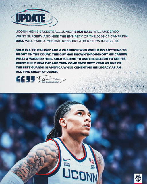 Update: Junior guard Solo Ball will undergo wrist surgery and miss the entirety of the 2026-27 campaign. Ball will take a medical redshirt and return in 2027-28. 