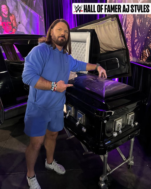 Look who stopped by #WWEWorld to sign the event-used casket from the Boneyard Match ☠️ 

Bid now on this dual-signed @AJStylesOrg &amp; @undertaker #WrestleMania auction item >> https://t.co/PwDY71IkOF 