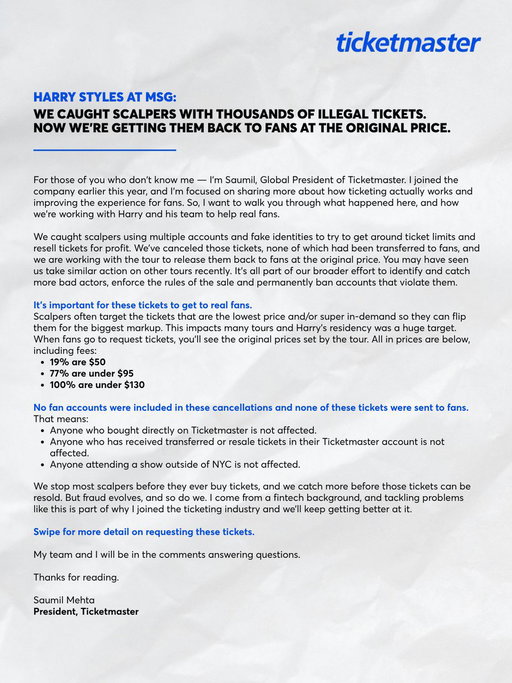 An update on ticket releases for Harry Styles Together, Together in NYC! We caught scalpers with tickets, took action and we are working with Harry and his team to get them back to fans at the original price. 🎫

Scroll for more info. 