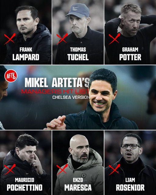 Chelsea have gone through 𝐒𝐈𝐗 𝐝𝐢𝐟𝐟𝐞𝐫𝐞𝐧𝐭 𝐦𝐚𝐧𝐚𝐠𝐞𝐫𝐬 since Mikel Arteta joined Arsenal. He has beaten 𝐄𝐕𝐄𝐑𝐘 𝐒𝐈𝐍𝐆𝐋𝐄 𝐎𝐍𝐄 of them. ✅😬

𝐀𝐧𝐝 𝐭𝐡𝐞 𝐥𝐢𝐬𝐭 𝐤𝐞𝐞𝐩𝐬 𝐠𝐨𝐢𝐧𝐠 𝐨𝐧... 🙃 