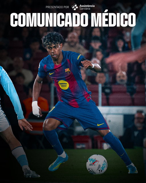 COMUNICADO MÉDICO

Las pruebas realizadas han confirmado que el jugador del primer equipo Lamine Yamal tiene una lesión en el bíceps femoral de la pierna izquierda.

El jugador seguirá un tratamiento conservador. Lamine Yamal se perderá lo que resta de la temporada y está previsto que esté disponible para la disputa del Mundial.