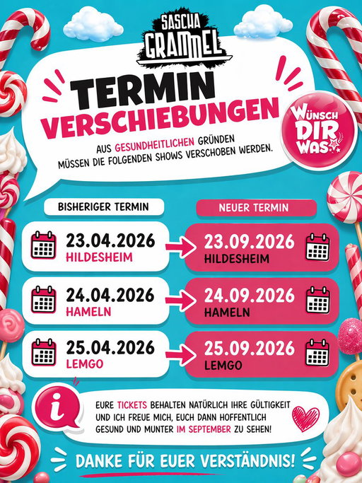Terminverschiebungen😔

Leider muss ich aus gesundheitlichen Gründen weitere Shows von „Wünsch dir was!“ verschieben. 😔
Ich hatte wirklich gehofft, dass es endlich bergauf geht, aber meine Stimme macht leider noch nicht mit.

Alle Ersatztermine findet ihr in den Bildern. ❤️ 