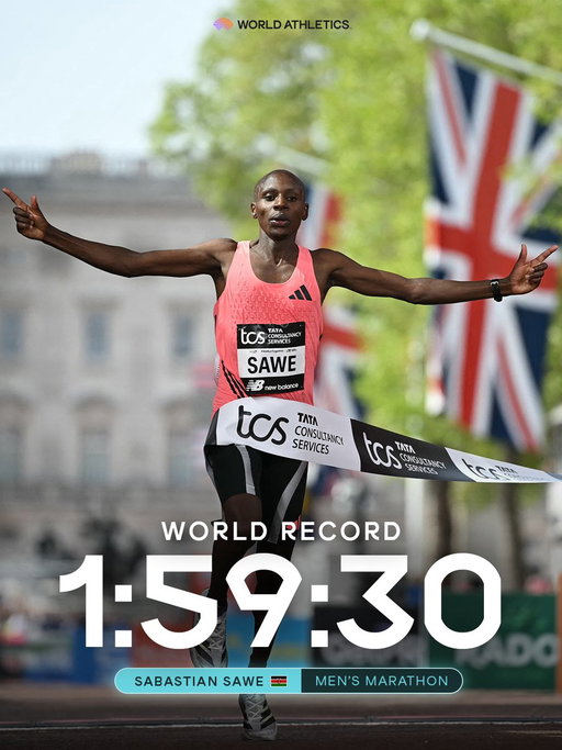 HISTORY HAS BEEN MADE 🫨

Sabastian Sawe becomes the first person ever to break the 2-hour barrier in official race conditions, storming to a historic 1:59:30‼️

@KejelchaYomif, on his marathon debut, also breaks 2 hours with a stunning 1:59:41 and @jacobkiplimo2 clocks 2:00:28, also faster than the previous world record 😤