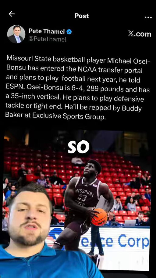 Per @PeteThamel:

Former Missouri State basketball player Michael Osei-Bonsu is on a visit to Illinois. Illinois projects him primarily as a tight end, while other schools see him as a defensive tackle 🏈 🏀 #illini 