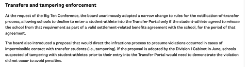 Tucked under the NCAA release about five-to-play-five eligibility is this little gem: A proposal for a tampering enforcement structure where the school that got the player has to prove it didn't tamper -- or it'll be guilty of tampering. 