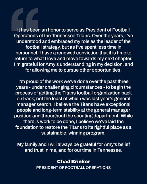 Titans President of Football Operations Chad Brinker steps down 