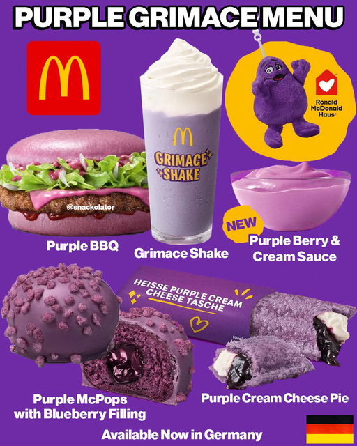 McDonald's just dropped a Grimace MENU with a PURPLE BURGER, Grimace Shake, purple sauce, pie, and mini donuts?! You already know this lineup is WAY too good to be in the US... it's in Germany.

This new menu features the Purple BBQ Burger that has a purple sauce, purple cheese, purple bun, and this is how you nail the Grimace theme!

They also have the return of the Grimace shake, a purple blue(berry) and cream sauce, a purple blueberry & cream cheese pie, and purple McPops mini donuts filled with blueberry.

If that's not enough, you can also get a Grimace keychain that benefits the Ronald McDonald House.

Would you like to see this one come to McDonald's in the USA? I cannot understand why we don't get this kind of goodness...

#mcdonalds #fastfood #grimace #macdonalds #mcds