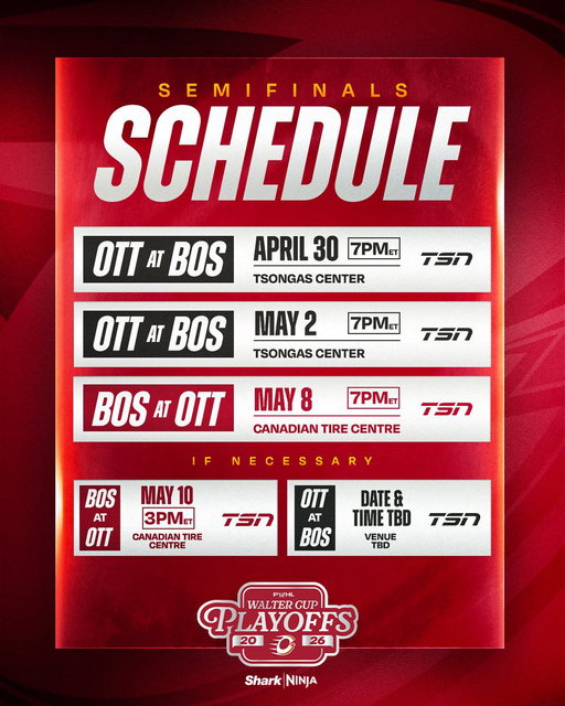 MARK THOSE CALENDARS CHARGE FAM, THE WALTER CUP PLAYOFFS ARE COMING BACK TO THE CAPITAL! 📍

Game 3 will be on May 8 at 7pm, and Game 4 (if necessary) will go down on May 10 at 3pm. All games in the playoffs will be at Canadian Tire Centre! 
🎟️ https://shorturl.at/iu5EY 