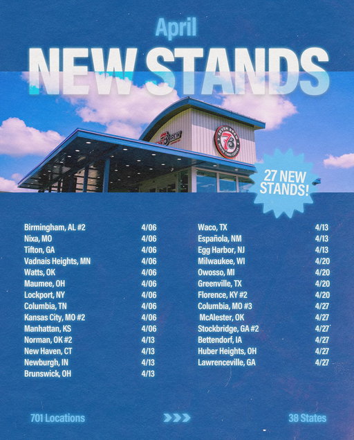 We blinked and opened 27 new stands in April! Now at 701 locations across 38 states, this growth is powered by our teams and the communities that continue to show up for us every day 💙 