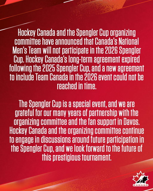 🇨🇦's National Men's Team will not participate in the 2026 #SpenglerCup.

L’équipe nationale masculine du 🇨🇦 ne participera pas à la #CoupeSpengler 2026. 