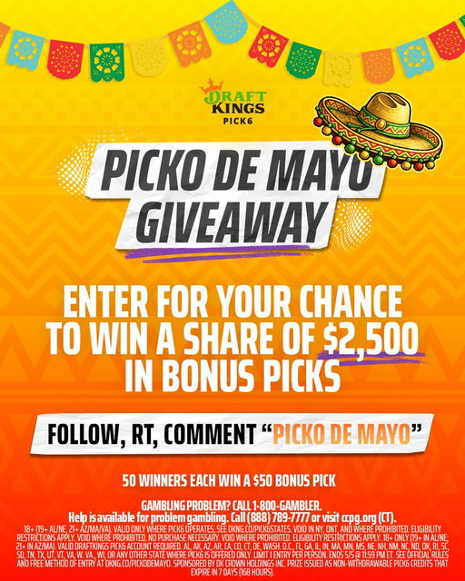 Bonus Picks > Tacos. 😈

It’s Picko De Mayo and to celebrate, we’re giving away a $50 Bonus Pick to 50 people!!

Follow, RT, and reply “Picko De Mayo” 