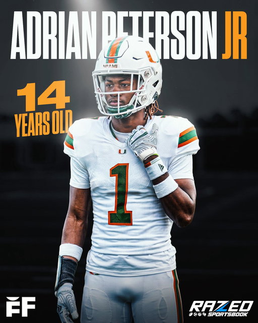 14-year-old Adrian Peterson Jr., a class of 2030 athlete and the son of the legendary Adrian Peterson Sr. who plays running back, wide receiver, and defensive back, has received an offer from Miami 🙌 

Peterson Jr. (6-1, 175lbs) also has offers from Baylor and Missouri State. 