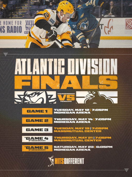 It's Penguins vs. Thunderbirds, and the Atlantic Division Final schedule is set.

The series starts at @MoheganArenaPA with games on Tuesday, May 12 and Thursday, May 14.

Tickets🎟️: https://t.co/RkarhiGzmV
Full schedule: https://t.co/pVnBVi3dVt 