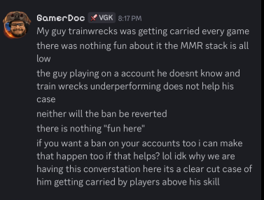 How is this employee of your company talking to dedicated players this way? @riotgames @RiotSupport @VALORANT The terms of service AND live support on the website state that @Trainwreckstv was within the TOS. Important evidence in comments 