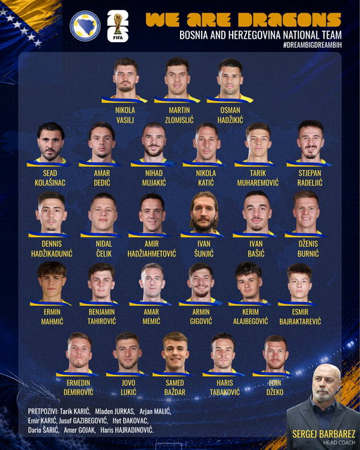 Selektor Sergej Barbarez odabrao je 26 reprezentativaca koji će predstavljati Bosnu i Hercegovinu na Svjetskom prvenstvu u SAD, Kanadi i Meksiku.

#NFSBiH #zmajevi #FIFAWorldCup2026 #dreambigdreambih 