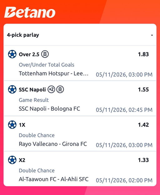 FOOTBALL PREDICTIONS⚽️ Monday

4 GAMES!

⏳ Tottenham Hotspur vs Leeds United (Over 2.5 Goals @ 1.83)

⏳ Napoli vs Bologna (Napoli Win @ 1.55)

⏳ Rayo Vallecano vs Girona (Doubke Chance: 1X @ 1.42)

⏳ Al Tawoun vs Al Ahli (Double Chance: X2 @ 1.30)

FOLLOW FOR DAILY PLAYS💸 