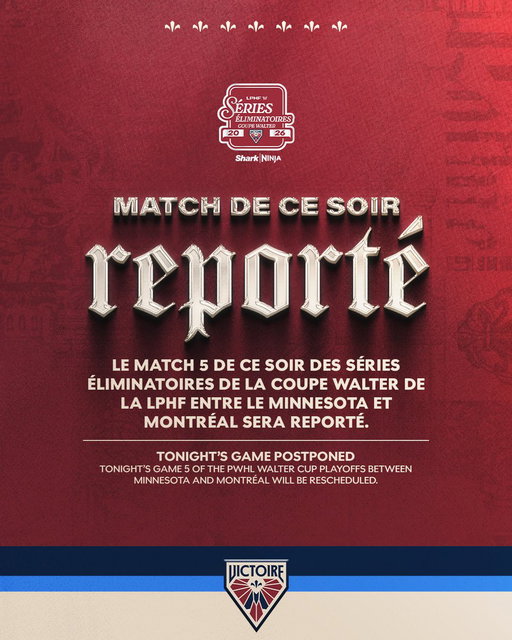 Une mise à jour concernant le match 5 de ce soir des Séries éliminatoires de la Coupe Walter de la LPHF entre le Minnesota et Montréal à la Place Bell.

An update regarding tonight’s game 5 of the PWHL Walter Cup Playoffs between Minnesota and Montréal at Place Bell. 
