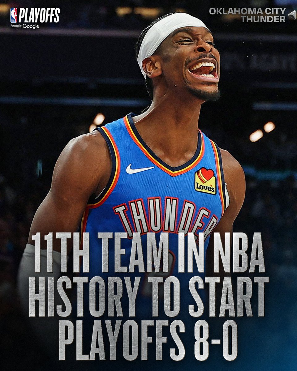 More history for OKC!

The Thunder become just the 11th team ever to start a Playoffs 8-0 🔥

2017 GSW (15-0)
2001 LAL (11-0)
1989 LAL (11-0)
2017 CLE (10-0)
2016 CLE (10-0)
2012 SAS (10-0)
1982 LAL (9-0)
2010 ORL (8-0)
2009 CLE (8-0)
2005 MIA (8-0)
2026 OKC (8-0)

NBA Playoffs presented by @Google