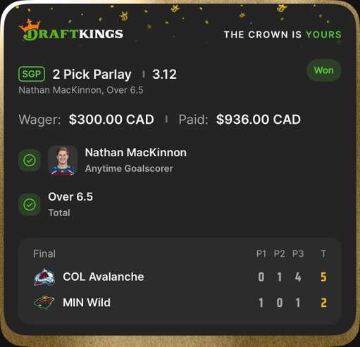 NHL PLAYOFFS WINNING PICKS!🏒

$800➡️ $1,936 

✅ Nathan Mackinnon Anytime Goalscorer (Colorado Avalanche)
✅ Over 6.5 Goals 

FOLLOW FOR DAILY PICKS, PLAYS AND PARLAYS💸 