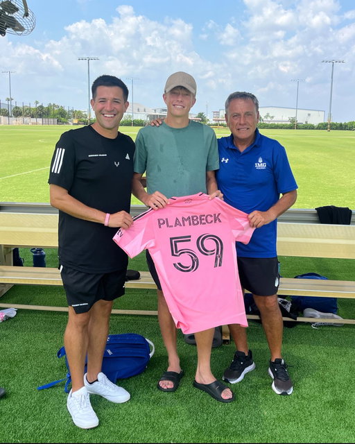 Our boys traveled to Miami to play in early May and got a surprise visit from alumnus Preston Plambeck, who gifted Coach Marcelo the actual jersey from his Inter Miami CF first-team debut. From our halls to Nu Stadium. So proud of you, Preston. 👏⚽ 