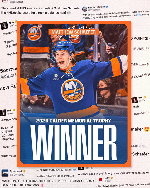 MATTHEW SCHAEFER IS THE 2026 CALDER MEMORIAL TROPHY WINNER.

Read more: https://t.co/RuEg56HGFY 