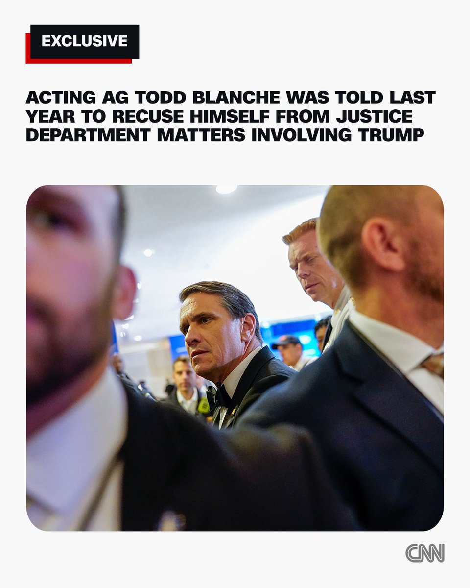 It was less than two weeks after Todd Blanche took on his role of deputy attorney general in March 2025 when the Justice Department's top ethics lawyer delivered some straightforward yet inconvenient news: His recusal from legal cases that involved President Donald Trump in his personal capacity was necessary.

The official conducting the briefing, Joseph Tirrell, handed Blanche and his then-top deputy Emil Bove, who was also in the conference room, a printed PowerPoint presentation on ethics, according to a former senior Justice ethics official who described the meeting to CNN. https://t.co/wEV8a8qByu