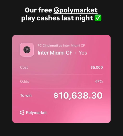 🚨MASSIVE WIN ALERT!🚨

$5,000 ➡️ $10,638.30 ✅

Inter Miami CF to win against FC Cincinnati ✅

We placed this bet EXCLUSIVELY on @Polymarket where we always find the BEST ODDS for Footy plays!

Follow for more Soccer Bets &amp; Soccer Predictions 