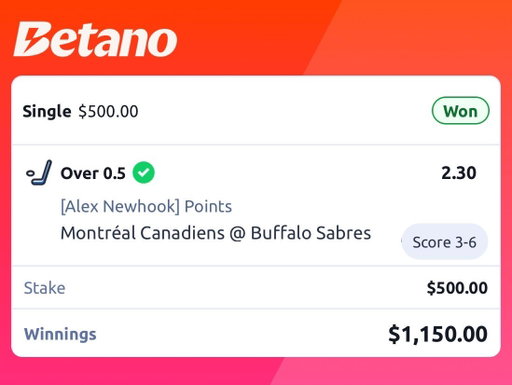 🚨NHL PLAYOFFS BIG WIN ALERT!🚨

$500 ➡️ $1,150 ✅

✅Alex Newhook (Over 0.5 Total Points @ 2.30 Odds)

Montreal Canadiens vs. Buffalo Sabres

Follow for DAILY NHL Picks, Predictions &amp; Best Bets 