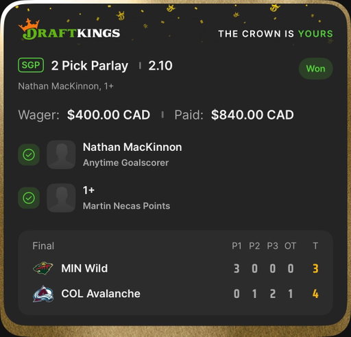 🚨NHL PARLAY WIN ALERT!🚨

2-Leg Parlay | 2.10 Odds

$400 ➡️ $840 ✅

✅Nathan MacKinnon (Anytime Goalscorer)
✅Martin Necas (1+ Point)

Colorado Avalanche vs. Minnesota Wild

Follow for DAILY NHL Picks, Predictions &amp; Best Bets 