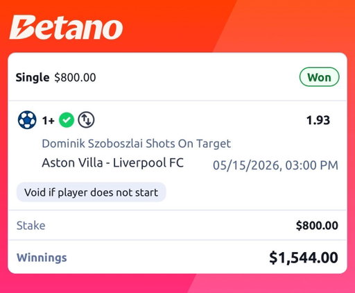 ENGLISH PREMIER LEAGUE BET WIN ALERT!🚨

$800 ➡️ $1,544 ✅

Aston Villa vs. Liverpool FC

✅ Dominik Szoboszlai (1+ Shots on Target @ 1.93 Odds)

Follow for DAILY Football Picks, Predictions &amp; Best Bets! 💰💸 