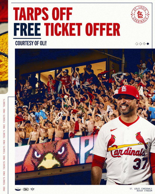 A true FLASH sale!

Oli Marmol has bought out the remaining tickets in the Tarps Off section for both this afternoon's and tomorrow's games and made them available FREE to fans. 

Claim your FREE ticket, while supplies last: https://t.co/ngmZ99TG1Z 