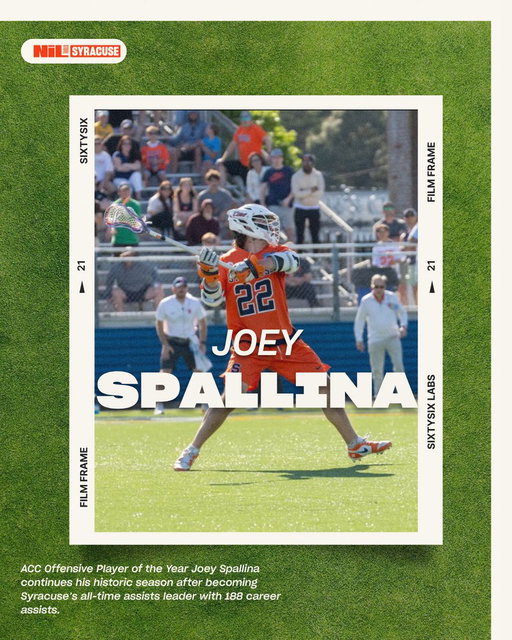 The Orange standard 🍊😤
Joey Spallina continues to rewrite the Syracuse record books after becoming the program’s all-time assists leader with 188 career assists. The ACC Offensive Player of the Year also became Syracuse’s all-time points leader this season. 🍊🥍 

#orangenation 