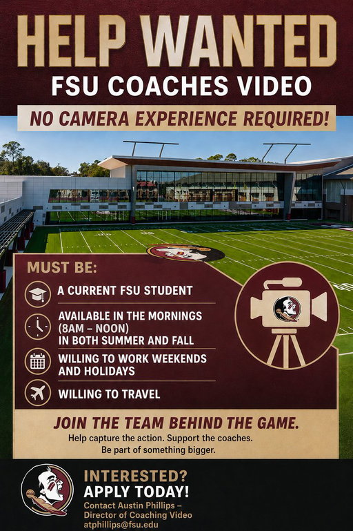 Current FSU students, join our coaches video department for a behind-the-scenes view of Florida State Football!

#NoleFamily 