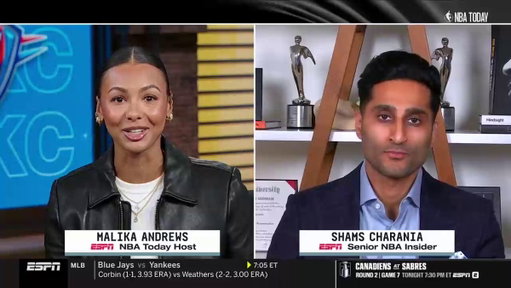 Malika Andrews introduces Shams today at ESPN:

"Let's say hello to our senior insider, Shams Charania, who joins us fresh off brunch..." (via @awfulannouncing) 