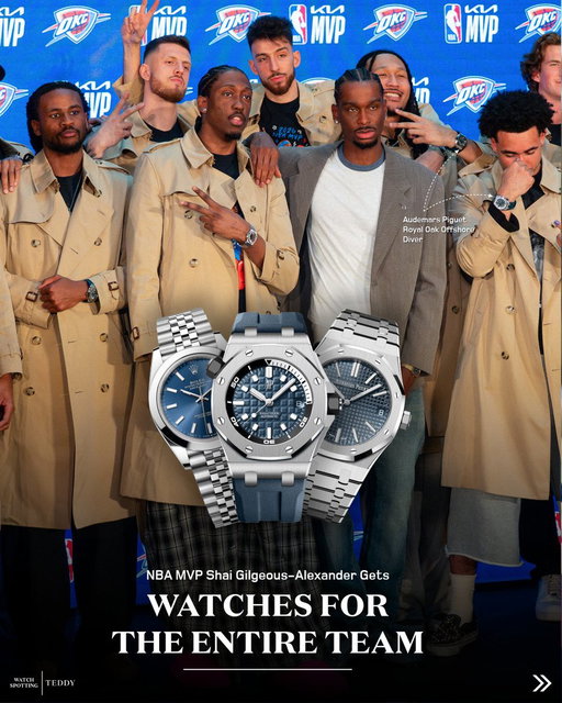 Shai Gilgeous-Alexander followed up his second straight NBA MVP award by gifting the Thunder roster a mix of Rolex Datejusts and Audemars Piguet Royal Oaks and Royal Oak Offshores. 