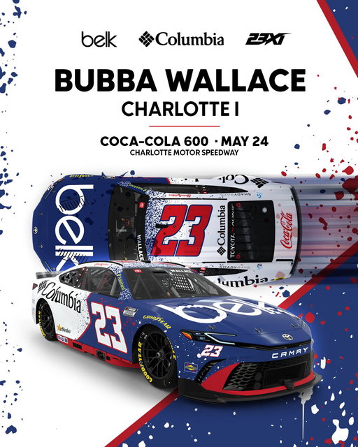 Let freedom roar this Memorial Day weekend as @BubbaWallace and @23XIRacing  go the distance @CLTMotorSpdwy in the red-white-and-blue Columbia No. 23 Toyota. 