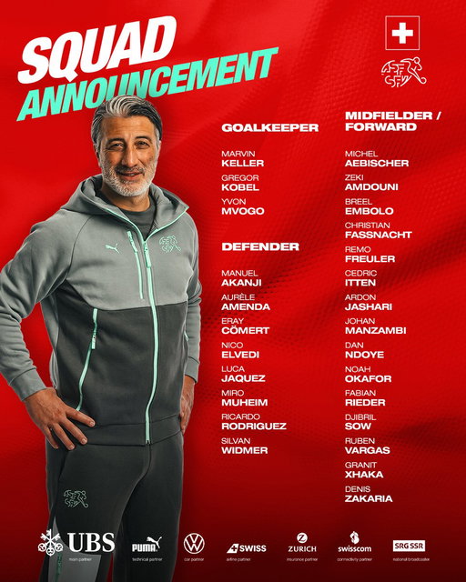 26 Namen – Ein grosses Ziel 🏆 Unser Kader für den Sommer 🇨🇭
26 noms – Un grand objectif. Notre sélection pour l’été.
26 nomi – Un grande obiettivo. La nostra squadra per l’estate. 