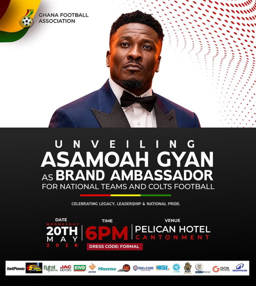 🇬🇭 @GhanaBlackstars all-time leading scorer Asamoah Gyan will be officially unveiled today as Brand Ambassador for Ghana’s National Teams and Colts Football. 🌟

A celebration of legacy, leadership, and national pride.

📅 Wednesday, May 20, 2026
🕕 6:00 PM
📍 Pelican Hotel, Cantonments