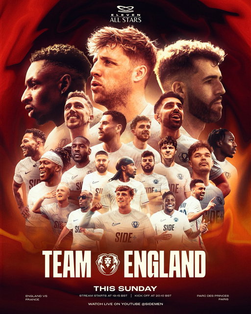 We didn’t come to mess about! 

Your Team England line up is here: 
JME
Deji 
Ciaran Carlin 
Zerkaa 
Miniminter 
ChrisMD
Angryginge
Theo Baker
Skepta 
Manny 
KSI 
Tbjzl 
Niko 
AB
Ethan Payne 
Cole Anderson
Jack Joseph 
Wroetoshaw 
John Nellis 
Sv2 
Vikkstar 