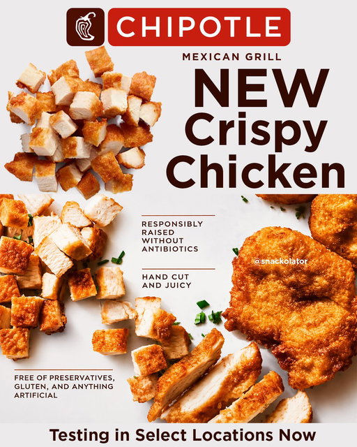 This could be a HUGE drop - Chipotle is testing CRISPY CHICKEN for their burritos that would almost be like having Chick-fil-A in a burrito!

HUGE credit to @bookofelie and @foodbeast for confirming this (def check out the video on the foodbeast page) - I heard they had a new chicken variety but didn't know they were actually testing it!

So far it's only been spotted in Tustin, CA but let us know if you have it in your area.

Would you give this one a try? I'm curious to see how well this is seasoned, but if it doesn't get soggy mixed in a burrito this could be an AMAZING new addition at Chipotle!
#chipotle #fastfood #chicken #burrito #newfood