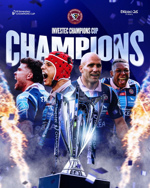 ⭐️ BACK-TO-BACK CHAMPIONS! ⭐️ 
 
Union Bordeaux Bègles take the #InvestecChampionsCup title in Bilbao, beating Leinster Rugby 41-19 🏆🍇 